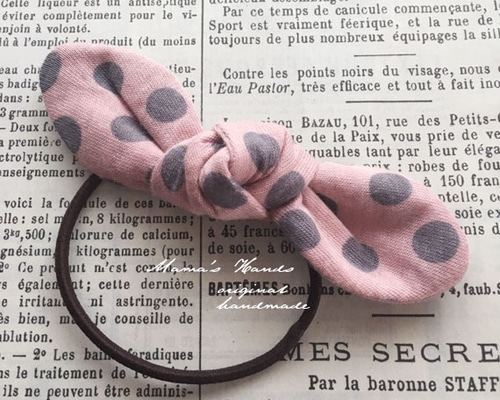 ナチュラル ピンク x グレー 水玉 リボン ヘアゴム♪ ヘアゴム