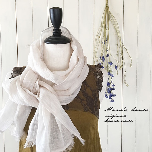 リネン 麻 Cream オフホワイト チェック 薄手 春 夏 スカーフ ストール  