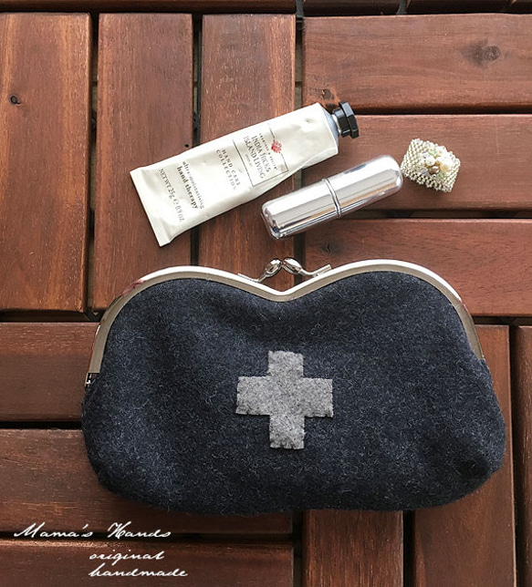 ⭐️9点売れました⭐️ クロス チャコール グレー ナチュラル メガネ がま口 コスメ メガネケース ポーチ 4枚目の画像