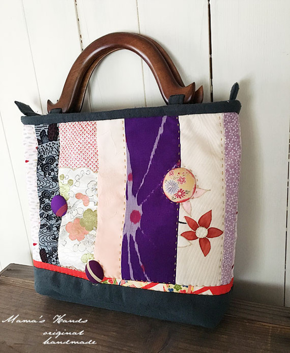 古布 パッチワーク手提げカバン 大きめ 革と古布のパッチワークバッグ（黒の革＋着物生地）No.01016-45