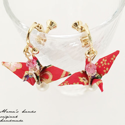 16KGP紅花折疊鶴棉珍珠燕子耳環節 第2張的照片