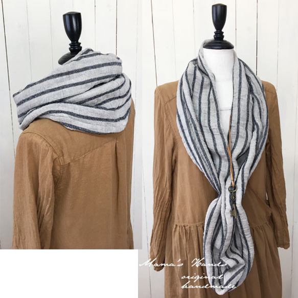 ★ 稍微左 ★ 立陶宛亞麻 天然天然材料 條紋黑色 優質紗布式圍巾 ♪ 第5張的照片