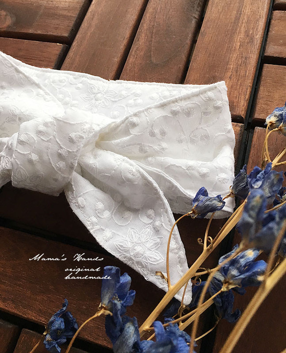 (完売) 保冷剤 ホワイト 花柄 水玉 刺繍 レース 綿100% 節約 快適 エコ スカーフ ネッククーラー 2枚目の画像