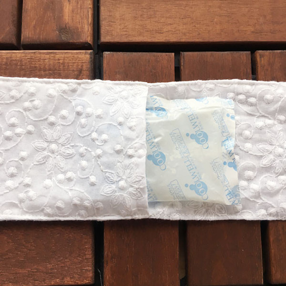 (完売) 保冷剤 ホワイト 花柄 水玉 刺繍 レース 綿100% 節約 快適 エコ スカーフ ネッククーラー 4枚目の画像