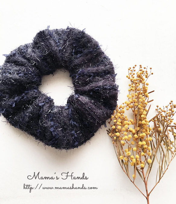 素敵な織りのウール 紺 紫 秋 冬 シュシュ ヘアゴム♪ 4枚目の画像