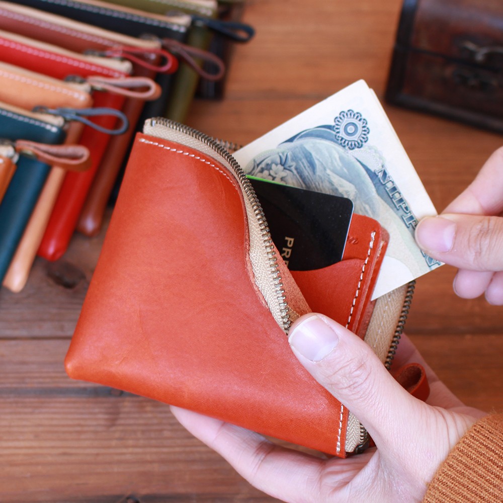 本革 L字ファスナー 薄型 ミニ財布 OLIVE NC3746