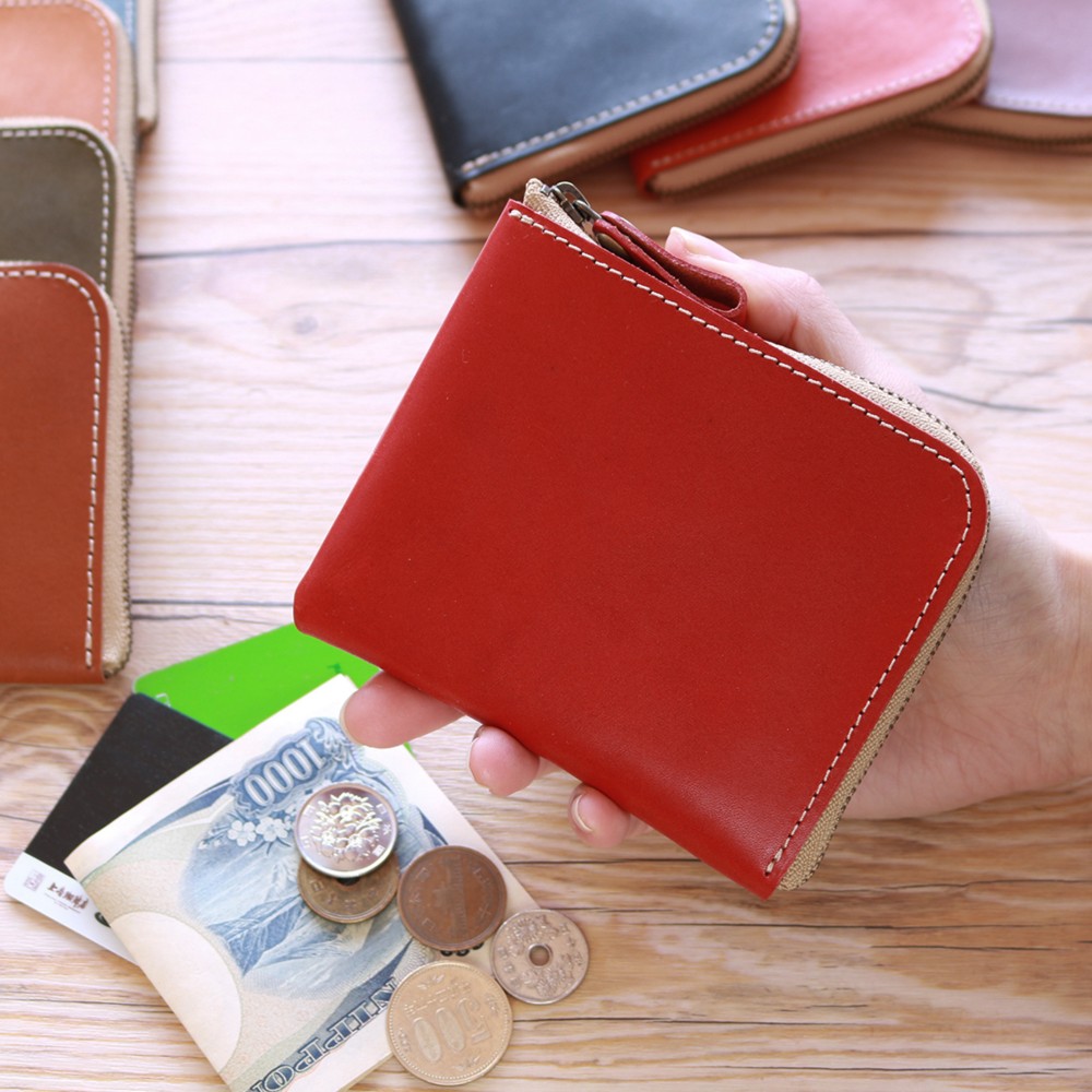 本革 L字ファスナー 薄型 ミニ財布 RED NC3746