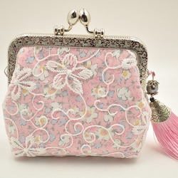 アンティークがま口 手作り小銭入れ 財布 アクセサリー入れ 刺繍花 レース タッセル付き ピンク 6枚目の画像