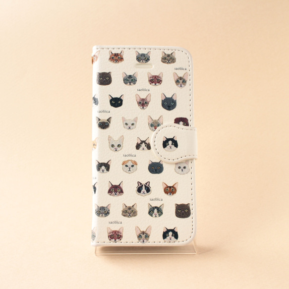 【送料無料】30cats刺繍柄の手帳型スマホケース：ホワイト 1枚目の画像