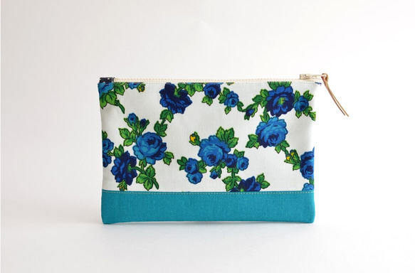 Vintage blue roses fabric zipper pouch with turquoise[732] 第1張的照片