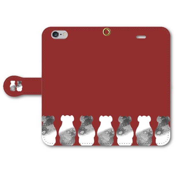 草花模様のダブルくま　バーガンディ　手帳型iphone/スマホケース　多機種対応 2枚目の画像