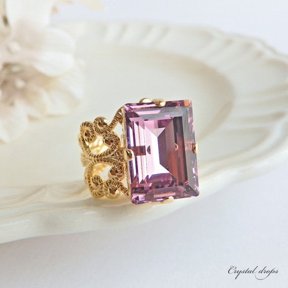 淡紫水晶 | 美麗的長方形水晶戒指 | 粉紅色、淡紫色、法式少女階梯式切割 第1張的照片