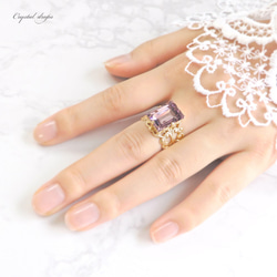 淡紫水晶 | 美麗的長方形水晶戒指 | 粉紅色、淡紫色、法式少女階梯式切割 第3張的照片