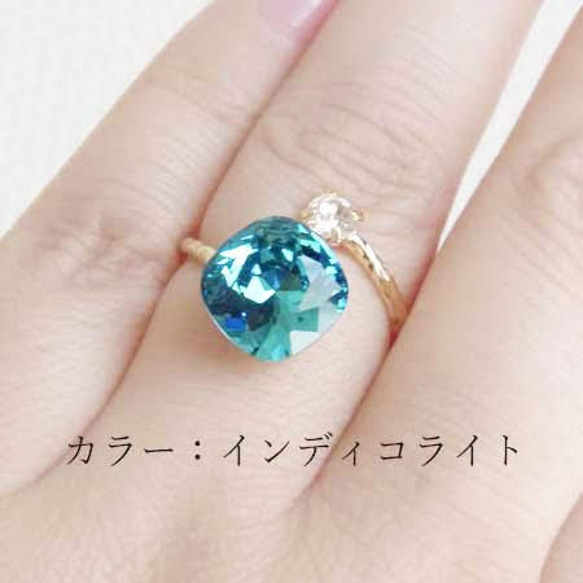 【10mm】綠松石藍|方形高品質水晶民間戒指|靛藍玻璃 第4張的照片