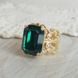 綠色｜精美大號水晶戒指｜祖母綠切割綠色仿古風格洛可可聖誕 第2張的照片