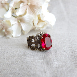 猩紅色|美麗的大水晶玻璃戒指|橢圓形紅色哥特式最喜歡的顏色聖誕節萬聖節 第3張的照片
