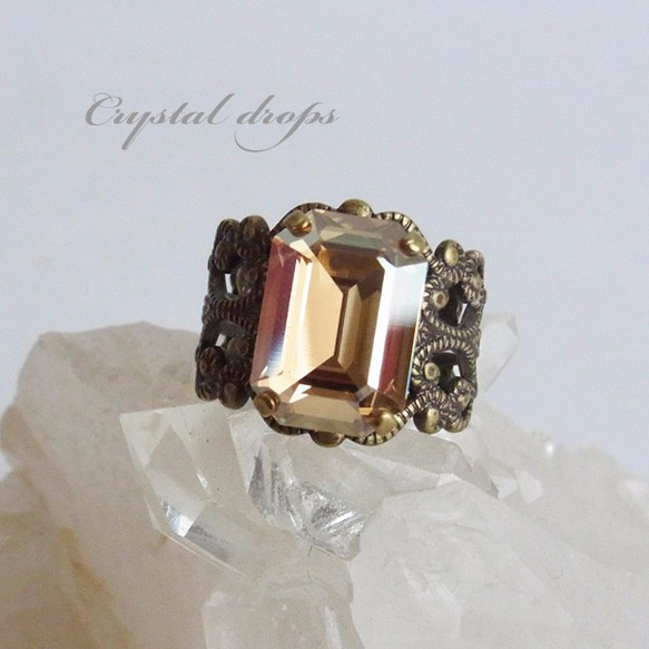 香檳金 | 美麗的大水晶戒指 | 祖母綠切割仿古風格哥特式洛可可式 第1張的照片