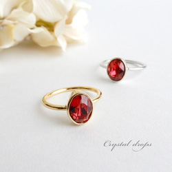 猩紅色 | 小橢圓形高品質水晶戒指 | 紅色寶石玻璃可堆疊精緻戒指 第1張的照片