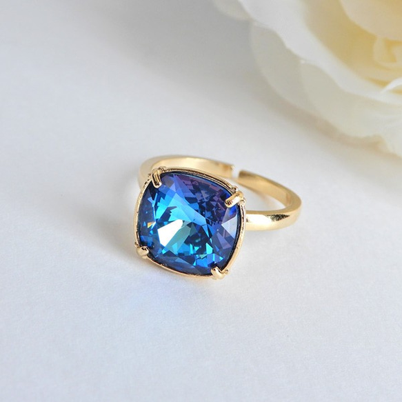 寶藍色喜悅｜門丸方形切割高品質水晶戒指｜藍海 第2張的照片
