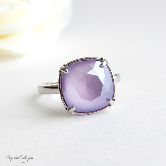 僅剩幾件，柔和的丁香紫色 | Kadomaru 方形切割高品質水晶寶石戒指 第1張的照片