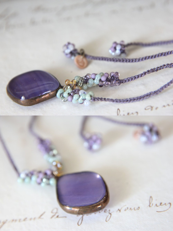フュージングガラスネックレス　ー紫ー　＜金属フリー紐＞　 3枚目の画像