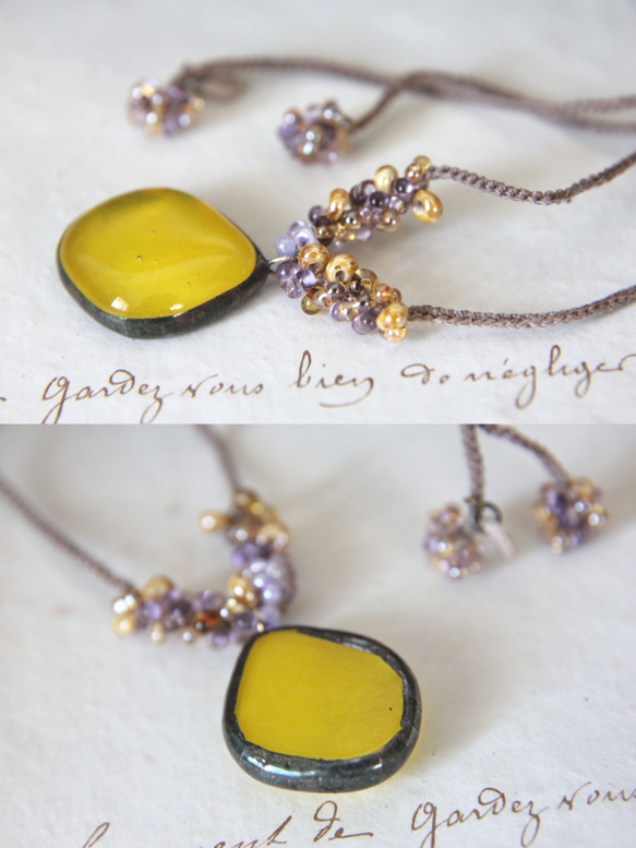 フュージングガラスネックレス　－黄色ー　＜金属フリー紐＞　 3枚目の画像