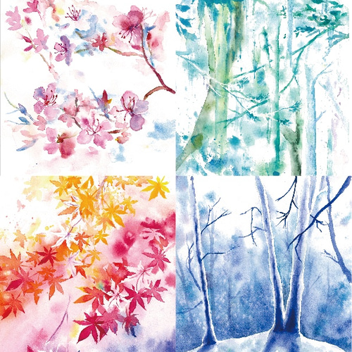 【5％OFF】 水彩ポストカード5枚set “四季の風景&フラワーメッセージ” 絵画 工芸品