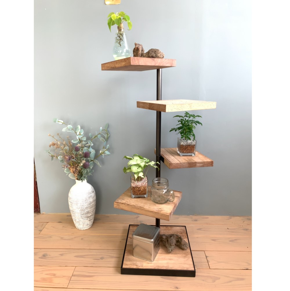 ◆Dayto掲載商品◆360度回転シェルフ　観葉植物　インテリア　ウォルナット風　ラック　カフェ風　キャンプ　アウトドア