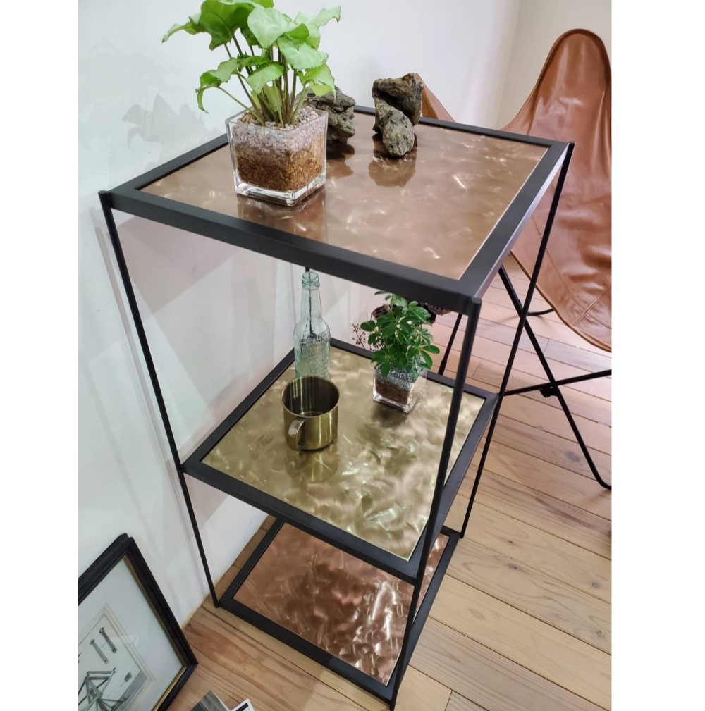 [Creema限定企画]刻み扇子風ラック　ステンレス　真鍮色　ブロンズ色　アイアン　黒皮風塗装　３段　シェルフラック