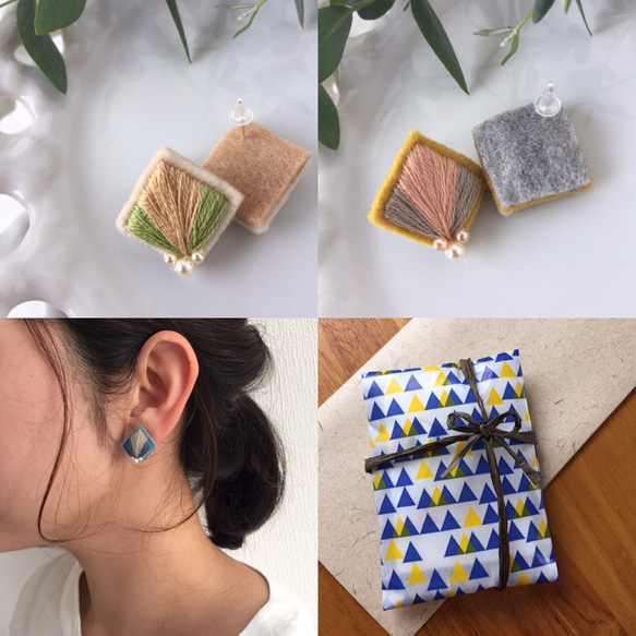 スクウェア型 刺繍&パールピアス 5枚目の画像