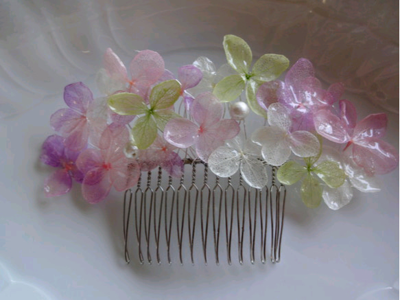 《再販》涼しげな紫陽花が美しいヘアコーム(ゴージャスタイプ) ピンク系 3枚目の画像