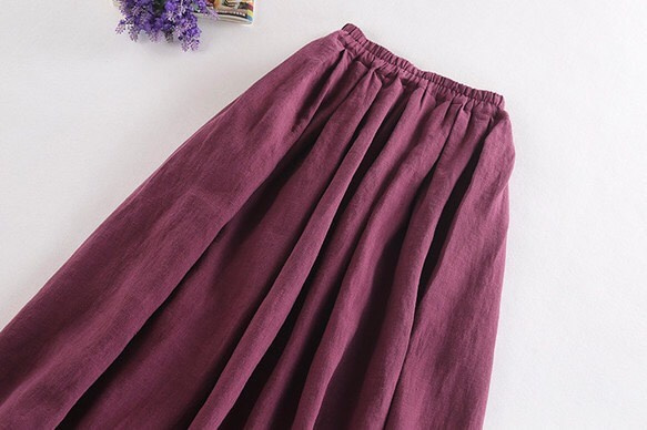 s38(再販)リネン100％　布たっぷり使った一年中着回し可能なスカート 赤紫 2枚目の画像