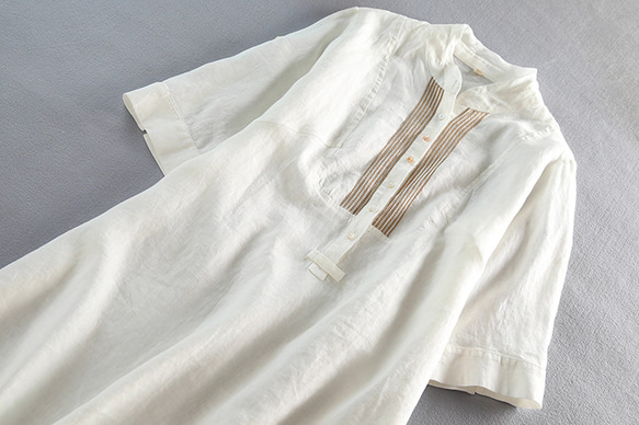 s47リネン100％　刺繍入り　7分袖　ロングシャツ　ワンピース　ホワイト 2枚目の画像