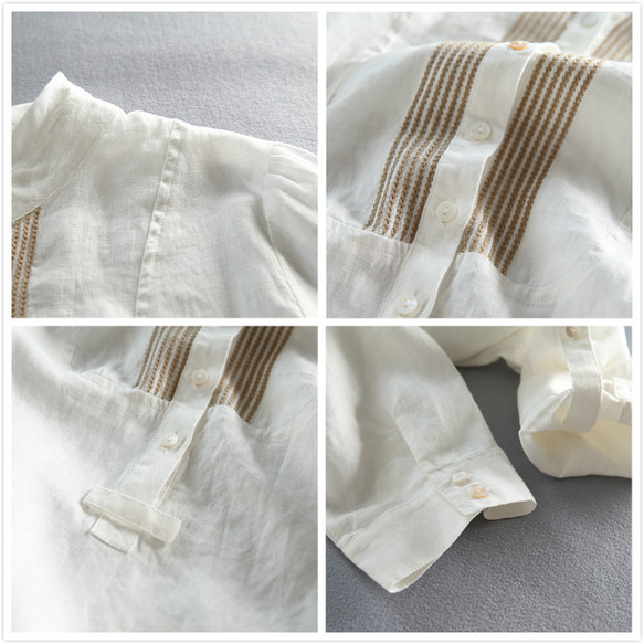 s47リネン100％　刺繍入り　7分袖　ロングシャツ　ワンピース　ホワイト 4枚目の画像