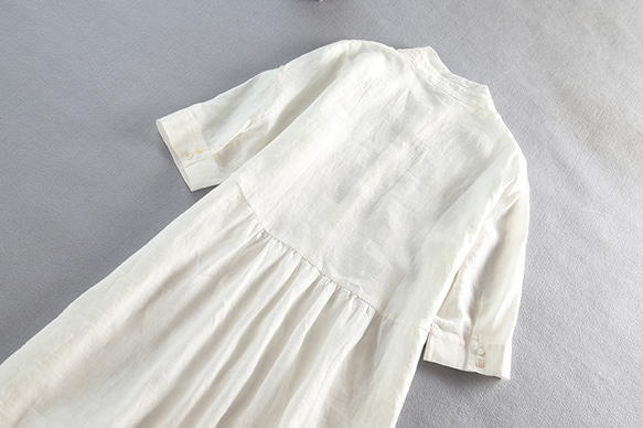s47リネン100％　刺繍入り　7分袖　ロングシャツ　ワンピース　ホワイト 6枚目の画像