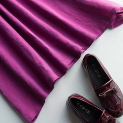 なんか特別な紫色　ワンピース　リネン　麻　　　長袖　タック　リボン　ロング　ひざ丈　ワンピ　レディース 大きいサイズ　カ 4枚目の画像