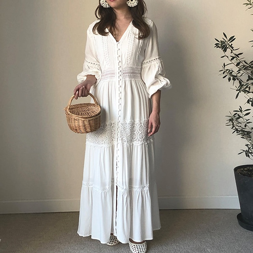 再販】ボーホーウェディングにも◎長袖レースワンピ−ス デート  