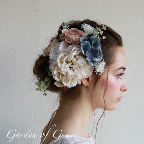 ブライダル ウェディング アンティークカラーヘッドピースブルー１０p ラナン＆ピオニーblue 【ピオニーブルー】