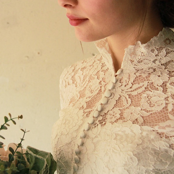 ブライダル ウエディングボレロハイネック総レースの前ボタンウェディングボレロ【シャーロット】 