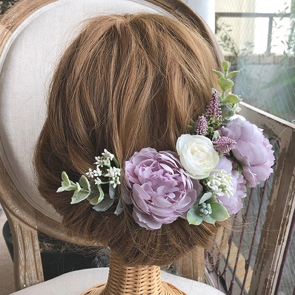 【終了】ウエディング ヘッドピース 花飾り 和装 成人式 パーティの髪飾り 【八重咲きローズラベンダー色１１p】 3枚目の画像