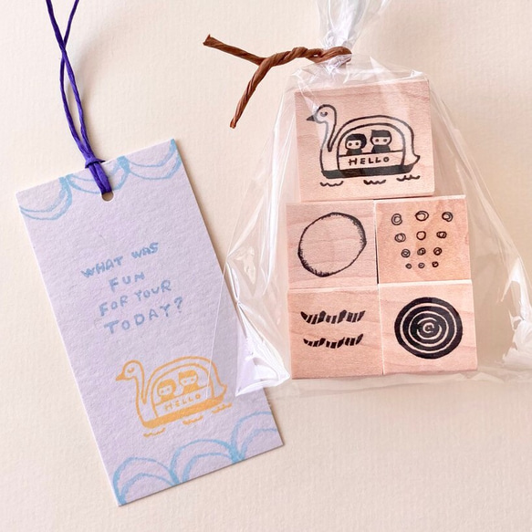 スワンボートと模様5点スタンプセット・栞付き【ラバースタンプ
