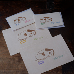和紙のカード4枚セット（大2枚・小2枚・ミニ封筒2枚）猫とミルク　ねこ　ネコ 1枚目の画像