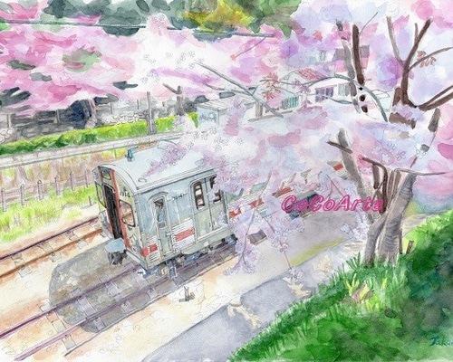 桜と電車 絵画 CoCoArte 通販 2279226｜Creema(クリーマ