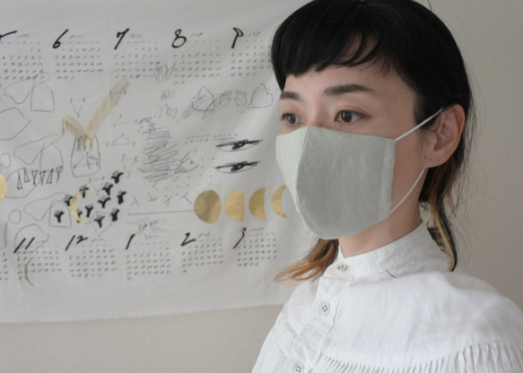 3colors　夏マスク　立体布マスク　フレンチリネン × ガーゼ　Lサイズ 1枚目の画像