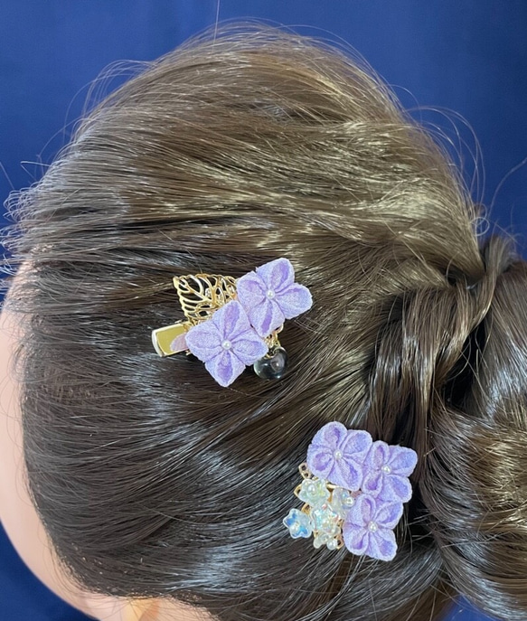 つまみ細工　かんざし＋ヘアクリップ　紫陽花セット　Creema限定 10枚目の画像