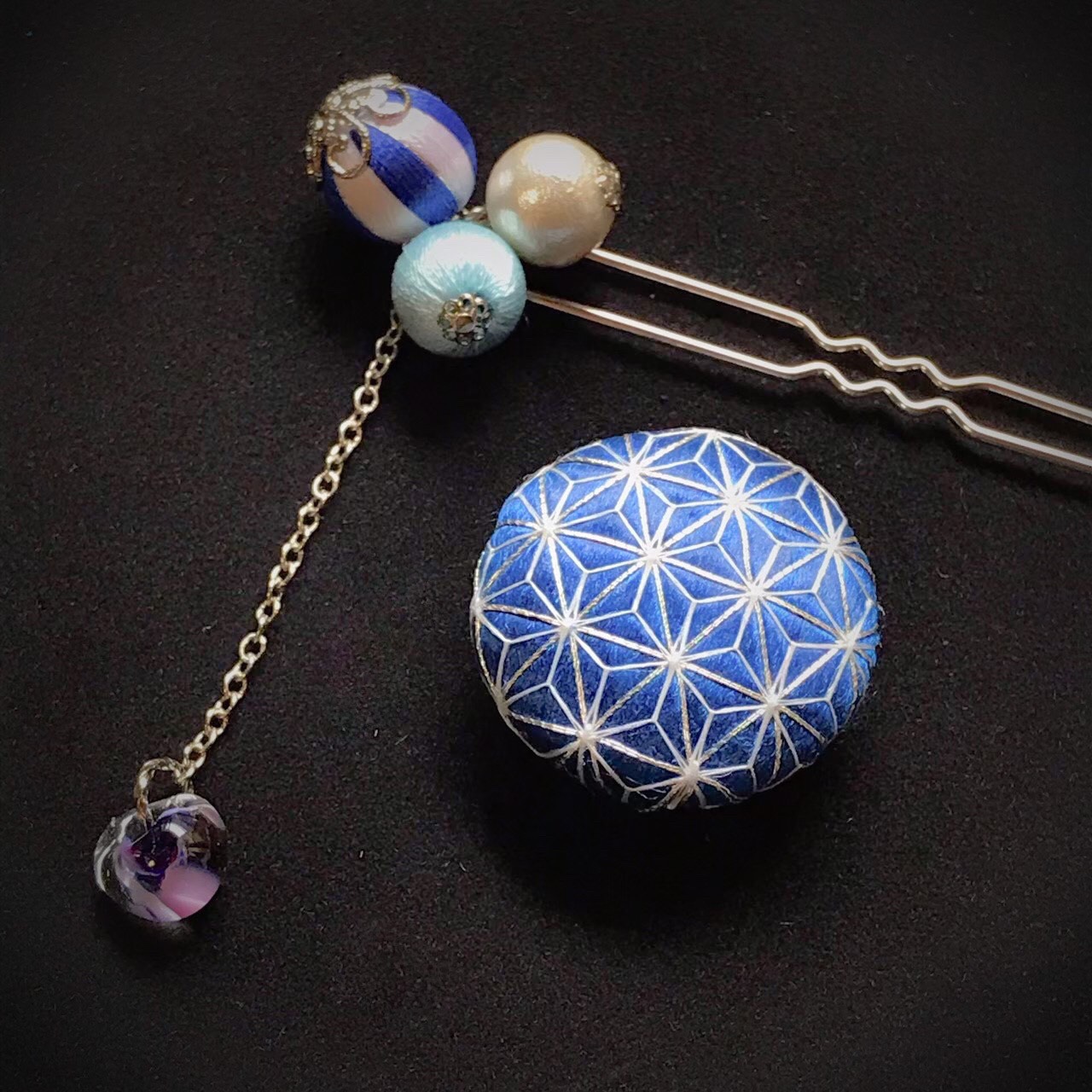 Creema限定 藍 日本刺繍帯留め＋かんざし