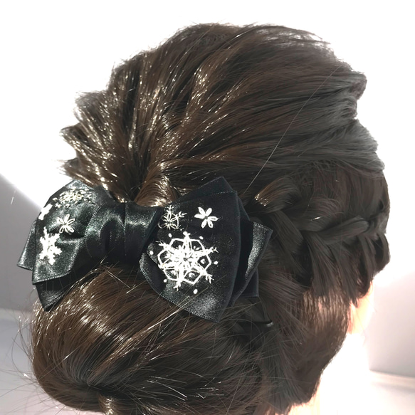 雪結晶刺繍サテンリボンポニーフック　Creema限定 8枚目の画像