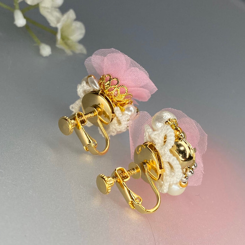 オーガンジー薔薇ピアス/イヤリング ピンク Creema限定 イヤリング  