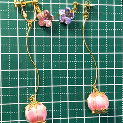ピンク花型スワロ＋巻き玉イヤリング　Creema限定 5枚目の画像