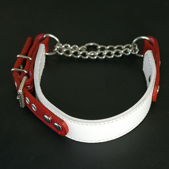 中型犬用革ハーフチョーク GX000(型押し白＋赤） 1枚目の画像